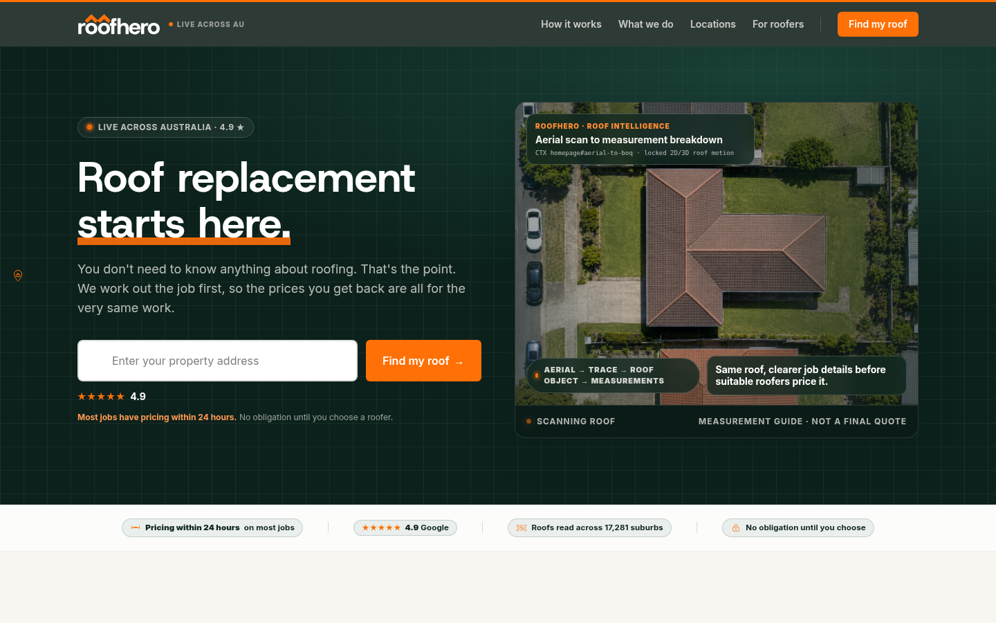 Live www.roofhero.com.au first screen — harmful apex
